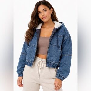 Aéropostale Sherpa Lined Denim Hoodie Jacket‎ Medium Cozy 90s Y2K Style
